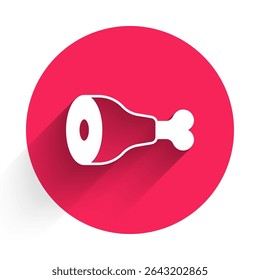 White Chicken leg icon isolated with long shadow background. Chicken drumstick. Red circle button. Vector