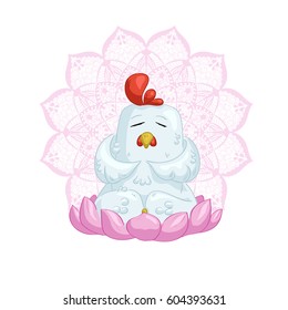 White chicken meditate on lotus with mandala