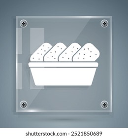 White Chicken nuggets in box icon isolated on grey background. Square glass panels. Vector Illustration