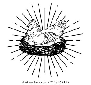 Weißes Huhn auf Nest mit Strahlen. Hühnereier, Geflügeleierzucht. Isoliert auf weiß. Vektorillustration für landwirtschaftliche Produkte Paket, Poster, Banner, Kartendesign. Frische Eier, Eier aus Freilandhaltung Graphi