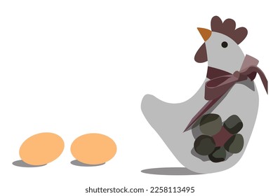 White chicken with two eggs behind  isolated on white background. Easter chiken. Chicken with ribbon and big flower on.