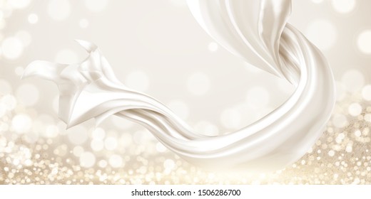 Chiffon blanco flotando en el aire sobre fondo de bokeh brillante, ilustración 3d