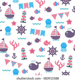 white childish cartoon sea seamless pattern