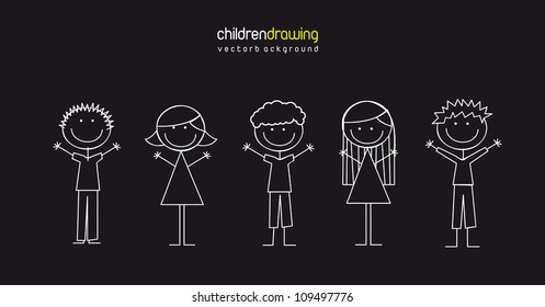 white children drawing over black background. vector illustration