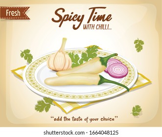 White chilli pepper vector illustration with garlic and Onion Slices