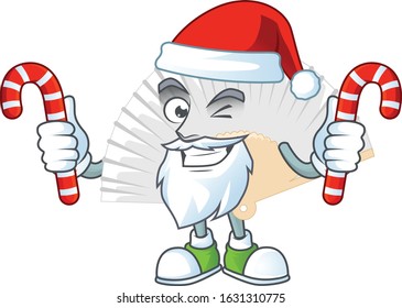White chinese folding fan Cartoon character in Santa costume with candy