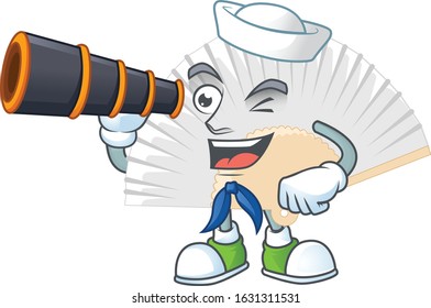 White chinese folding fan cartoon happy Sailor style with binocular
