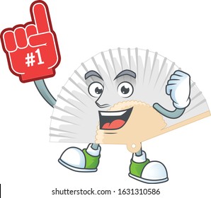 White chinese folding fan mascot cartoon style holding a Foam finger