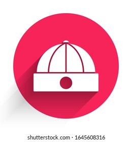 White Chinese hat icon isolated with long shadow. Red circle button. Vector Illustration