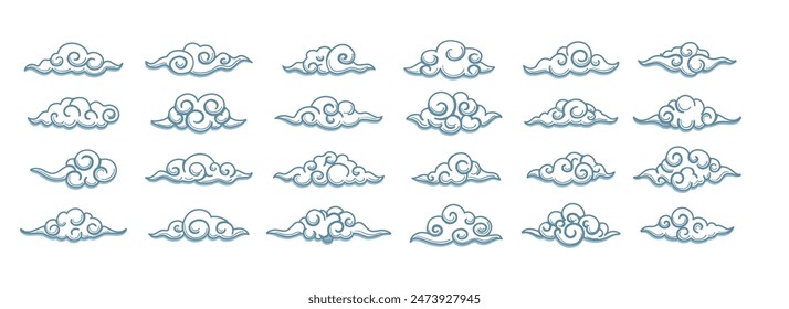 Nubes de dibujos animados japoneses coreanos chinos blancos. Elemento decorativo oriental conjunto gráfico aislado Ilustración vectorial