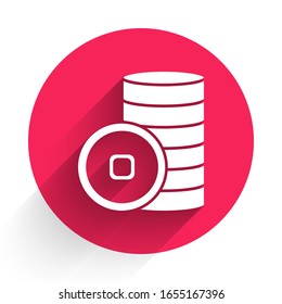 White Chinese Yuan currency symbol icon isolated with long shadow. Coin money. Banking currency sign. Cash symbol. Red circle button. Vector Illustration