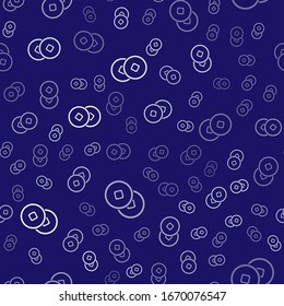 White Chinese Yuan currency symbol icon isolated seamless pattern on blue background. Coin money. Banking currency sign. Cash symbol.  Vector Illustration