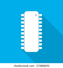 White chip icon in flat design. Simple microchip with long shadow on blue background. Microcircuit flat sign. Vector illustration.