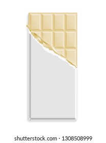 White chocolate bar in a blank wrapper mock up. Sweet dessert package template. Vector illustration