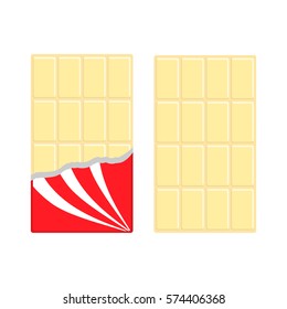 White chocolate bar icon set. Opened red wrapping paper foil. Tasty sweet dessert food. Rectangle shape Vertical piece. Modern simple style. Flat design background. Isolated. Vector illustration