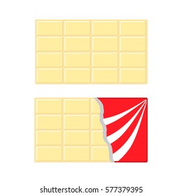 White chocolate bar icon set. Opened red wrapping paper foil. Tasty sweet dessert food. Rectangle shape Horizontal piece. Modern simple style. Flat design background. Isolated. Vector illustration