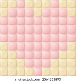 White chocolate bar square shape with sweetmeat strawberry flavor as heart shape 8 bit style graphic illustration.