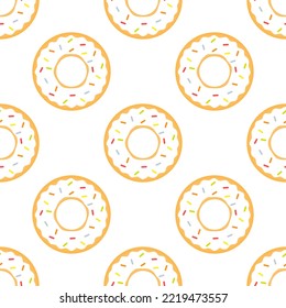 White chocolate donut seamless pattern. Sweet glazed donut with colorful confetti. Unhealthy food. Vector illustration isolated on white background.
