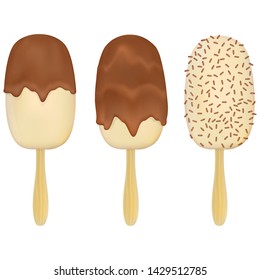 white chocolate ice cream poured on top of dark chocolate with drips, sprinkled with long pieces of chocolate on a wooden stick isolated on a white background