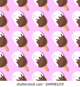 White chocolate Ice-cream seamless pattern in paper cut style. Origami Melting ice cream on pink.