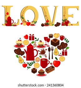 White chocolate letter love and desert heart for valentine`s day decoration