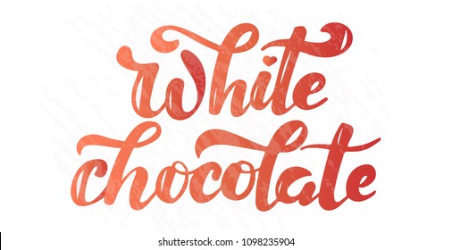 White chocolate lettering typography for candy bar wrapper, advertising, signboard. Vector illustration on 
 textured  background and peach-colored text.  Lettering typography poster. 