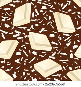 Pedaços de chocolate branco e flocos de coco em fundo escuro. Padrão sem emenda do vetor. Ilustração em formato de desenho animado.