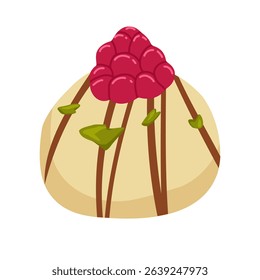 White chocolate raspberry candy. Hamemade dessert with green pistachio and pink raspberry flavor. Vector illustration of treats for food packaging, menus, posters, blogs, recipe books