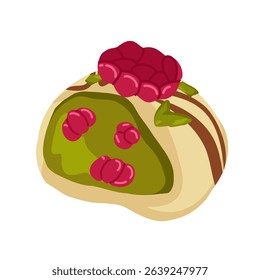 White chocolate raspberry candy. Hamemade dessert with green pistachio and pink raspberry flavor. Vector illustration of treats for food packaging, menus, posters, blogs, recipe books