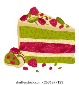 White chocolate raspberry dessert composition. Layered cake slice with green pistachio and pink raspberry flavor. Vector illustration of treats for food packaging, menus, posters, blogs, recipe books