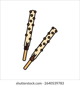 White Chocolate Stick Flat design style, biscuit sticks dipped in white chocolate with choco chips, perfect for desserts and snack branding.