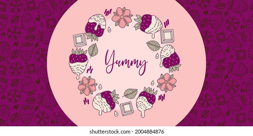 White Chocolate Erdbeeren Label Rahmen. Berry, Blumen und Blätter. Grafischer handgezeichneter Flachstil. Doodle-Illustration für Verpackung, Menükarten, Poster, Drucke.