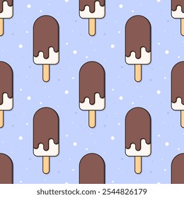 Paletas de helado de chocolate blanco y vainilla sobre fondo azul. Patrón sin fisuras de Vector.