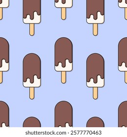 White chocolate and vanilla ice cream popsicles on blue background. Vector seamless pattern.