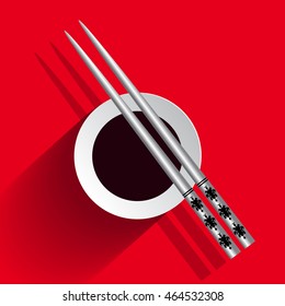 White chopsticks and soy sauce bowl on the red background. Vector.