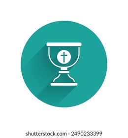 White Christian chalice icon isolated with long shadow. Christianity icon. Happy Easter. Green circle button. Vector Illustration
