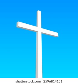 White Christian cross against blue sky. 3D vector illustration isolated on white.