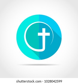 White christian cross in flat design with long shadow. Vector illustration. Simple christian cross icon on blue round button.