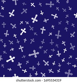 White Christian cross icon isolated seamless pattern on blue background. Church cross.  Vector Illustration