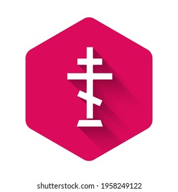 White Christian cross icon isolated with long shadow background. Church cross. Pink hexagon button. Vector