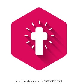 White Christian cross icon isolated with long shadow. Church cross. Pink hexagon button. Vector