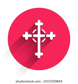 White Christian cross icon isolated with long shadow. Church cross. Red circle button. Vector