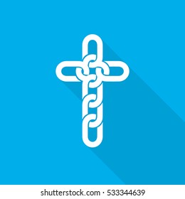 White christian cross icon on blue background. Abstract christian cross with long shadow. Vector illustration.