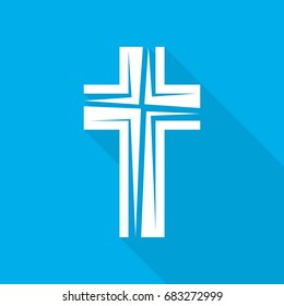 White christian cross icon on blue background. Abstract christian cross with long shadow. Vector illustration.