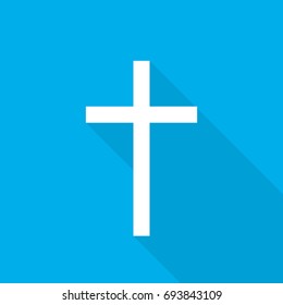 White christian cross icon on blue background. Abstract christian cross with long shadow. Vector illustration.