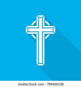 White christian cross icon on blue background with long shadow. Vector illustration.