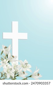 white Christian cross and white lilies on a blue background