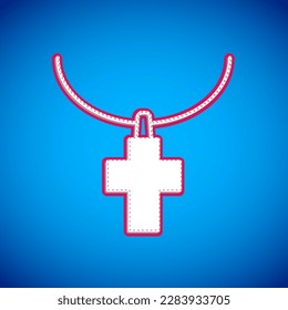 White Christian cross on chain icon isolated on blue background. Church cross.  Vector