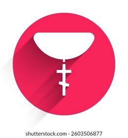White Christian cross on chain icon isolated with long shadow. Church cross. Red circle button. Vector