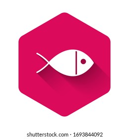 White Christian fish symbol icon isolated with long shadow. Jesus fish symbol. Pink hexagon button. Vector Illustration